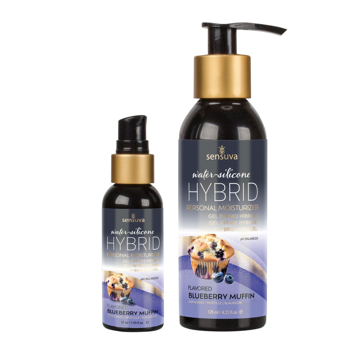 Two dark bottles of Sensuva Hybrid personal moisturizer stand side-by-side against a white background, with the smaller bottle on the left and the larger bottle on the right. Both feature gold accents and a blueberry muffin graphic on their purple-shaded labels.