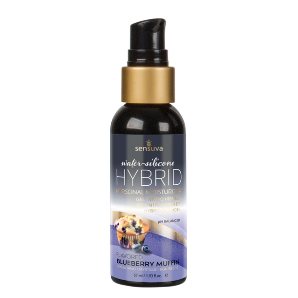 Front view of the smaller 57 ml Sensuva Hybrid personal moisturizer bottle with a black pump cap and gold collar. The label prominently showcases the "Blueberry Muffin" flavor next to an illustration of a fresh blueberry muffin.