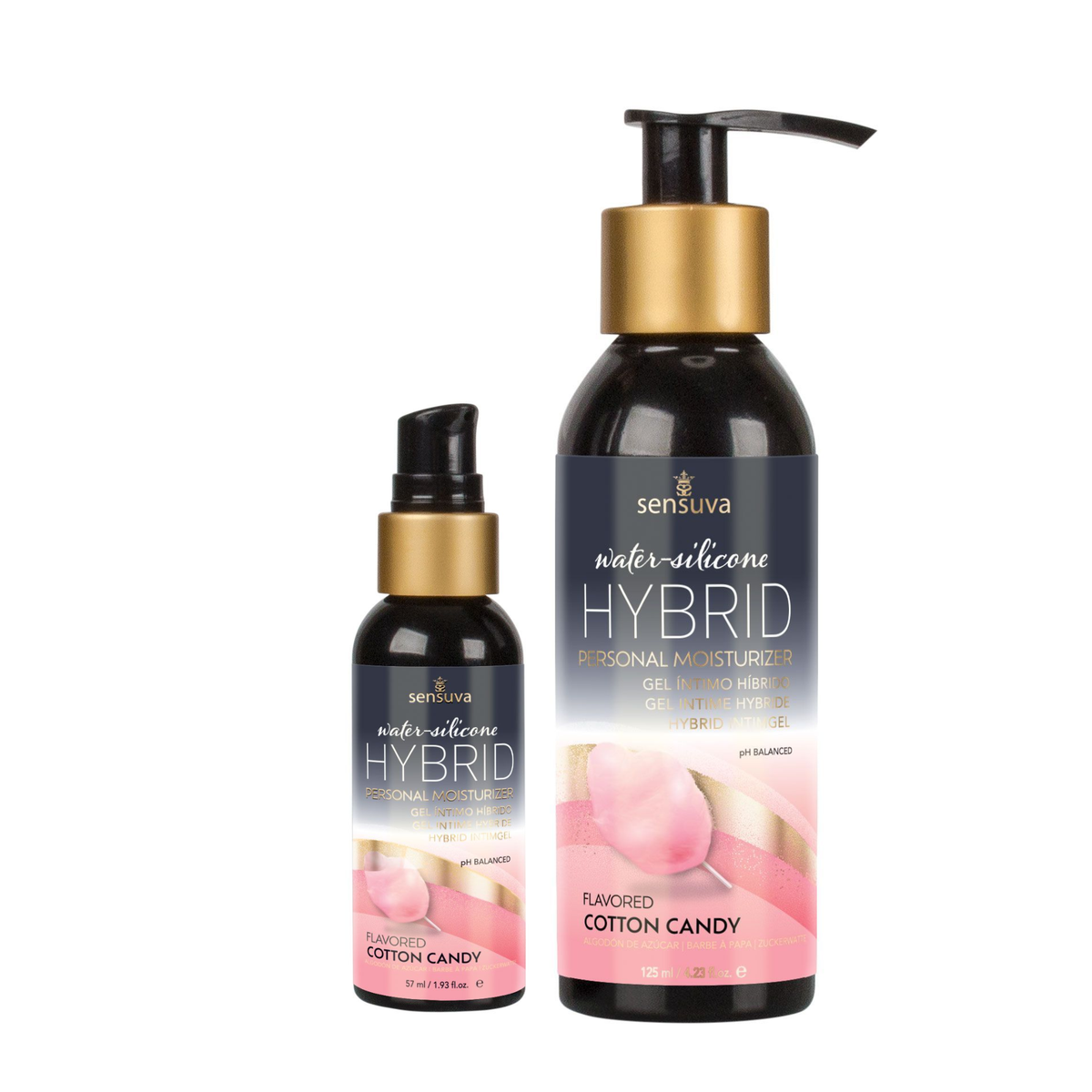 Two dark bottles of Sensuva Hybrid personal moisturizer stand side-by-side against a white background, with the smaller bottle on the left and the larger bottle on the right. Both feature gold accents and a pink cotton candy graphic on their labels. Main image