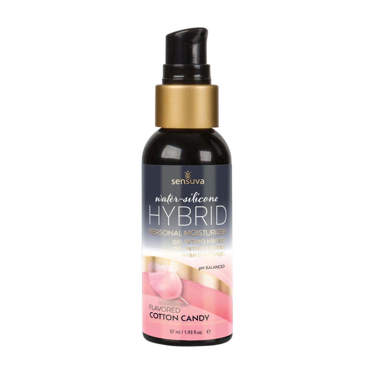 Front view of the smaller 57 ml Sensuva Hybrid personal moisturizer bottle with a black pump cap and gold collar. The label prominently showcases the "Cotton Candy" flavor next to a fluffy pink cotton candy illustration.