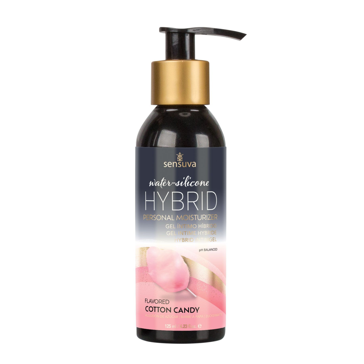 Front view of the larger 125 ml Sensuva Hybrid personal moisturizer bottle with a black pump dispenser and gold collar. The label features a pink cotton candy graphic alongside the text "Flavored Cotton Candy."