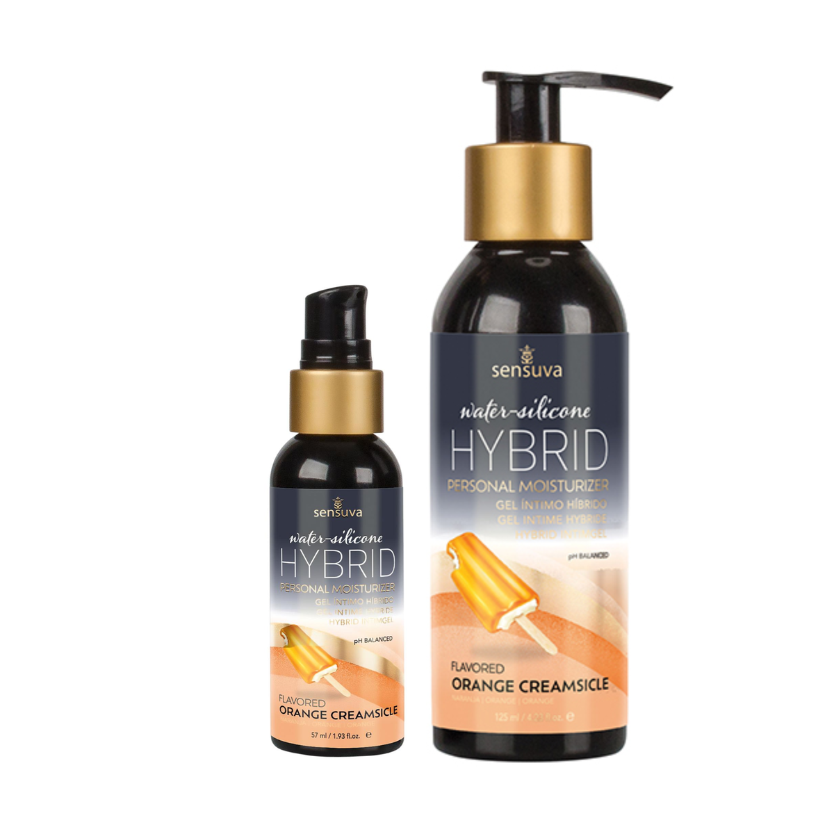 Two dark bottles of Sensuva Hybrid Orange Creamsicle personal moisturizer in different sizes stand side-by-side against a white background. Both feature gold accents and an orange popsicle illustration on their labels.