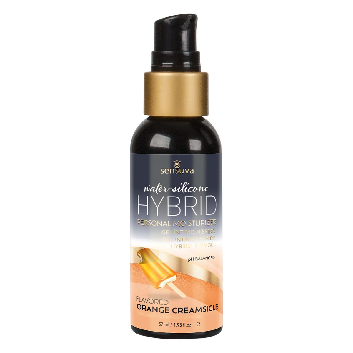 Front view of the smaller 57 ml Sensuva Hybrid personal moisturizer bottle. It features a smaller black pump cap, gold trim, and the "Orange Creamsicle" flavored branding.