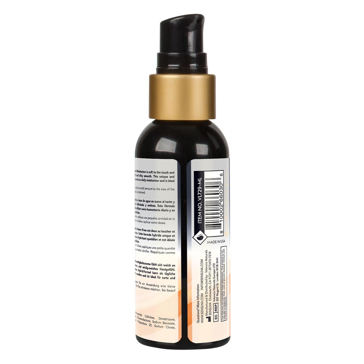 Rear view of the smaller 57 ml Sensuva Hybrid bottle showcasing product information, ingredients, and a barcode. The bottle is shown standing upright against a plain white background.