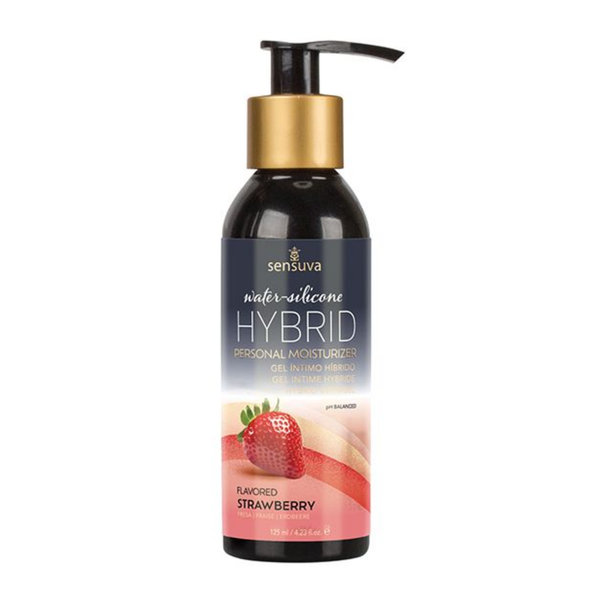 Front view of a 125 ml black bottle of Sensuva Water-Silicone Hybrid Personal Moisturizer. The bottle features a gold-colored neck and a black pump dispenser. The label has a dark blue gradient background at the top, transitioning down into light pink and orange abstract waves. A prominent, realistic graphic of a single strawberry sits in the lower-middle section above the text "FLAVORED STRAWBERRY".