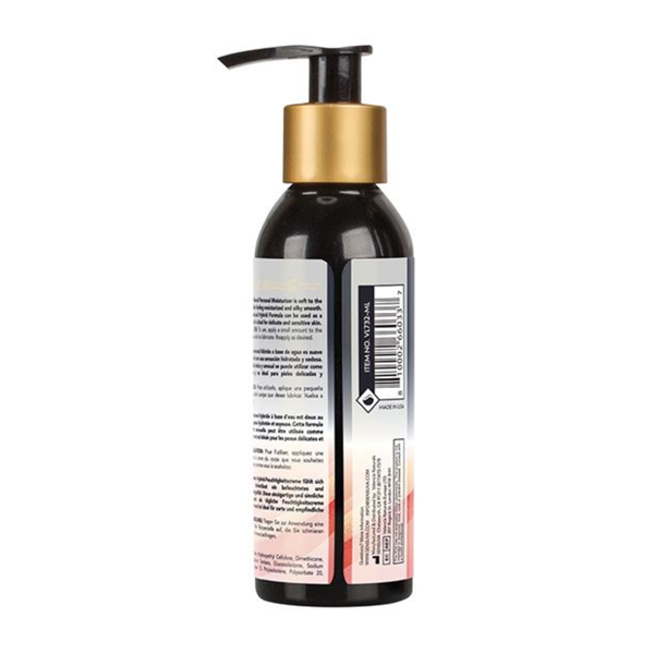 Back view of the Sensuva Hybrid Personal Moisturizer bottle, showing product information, instructions, and a barcode printed in multiple languages against a white background. The black pump dispenser and gold-colored neck are visible from behind against a plain white background.