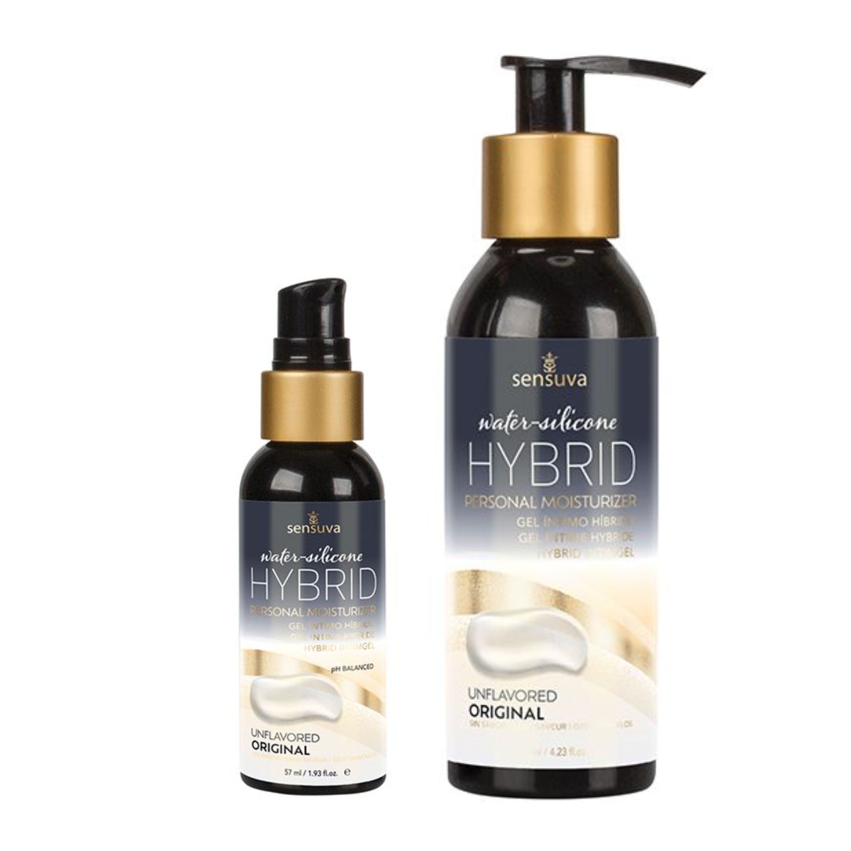 Front-facing product shot showing both the small 57 ml bottle on the left and the larger 125 ml bottle on the right, standing side-by-side against a solid white background. Both bottles feature identical "UNFLAVORED ORIGINAL" labeling with dark blue tops, gold accents, and a graphic of a white lotion dollop.