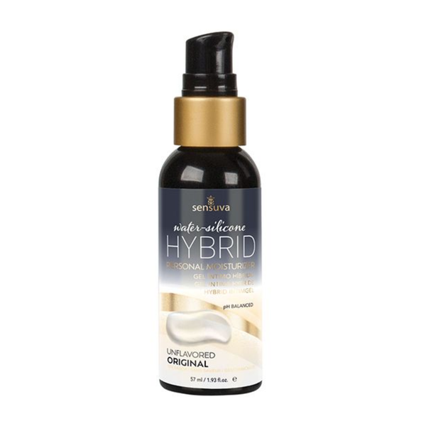 Front view of a small 57 ml (1.93 fl. oz.) black bottle of Sensuva Water-Silicone Hybrid Personal Moisturizer. The bottle has a gold neck collar and a black lotion pump mechanism. The label features a dark blue gradient at the top, fading into light gold and cream abstract waves below, with an image of a smooth, white lotion dollop above the text "UNFLAVORED ORIGINAL".