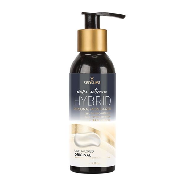Front view of a larger 125 ml (4.23 fl. oz.) black bottle of Sensuva Water-Silicone Hybrid Personal Moisturizer. It shares the same label design as the smaller bottle, featuring a dark blue gradient top, cream-and-gold abstract waves, and a white lotion dollop graphic above the text "UNFLAVORED ORIGINAL". It has a gold neck with a wide, black lever-style pump dispenser.