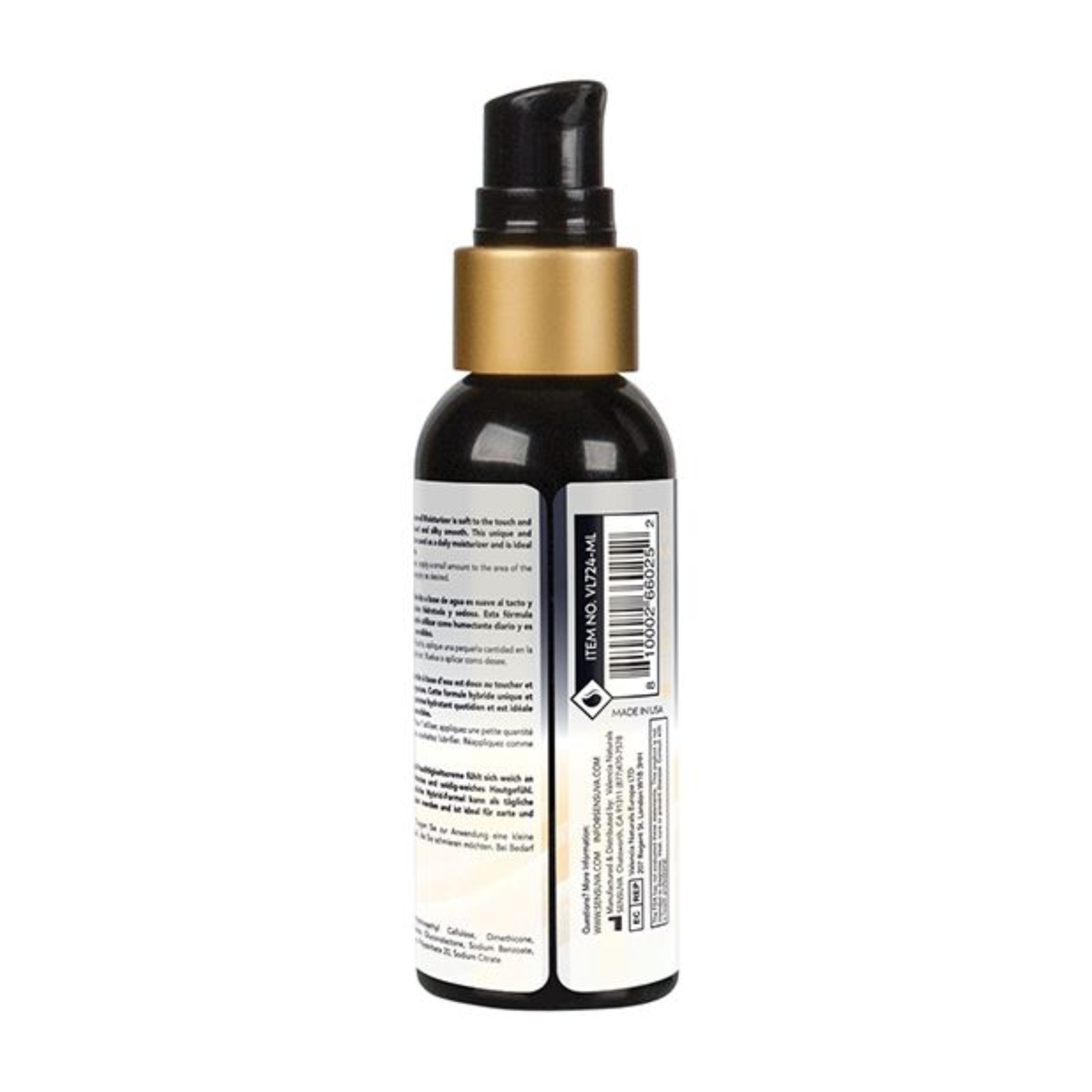 Back view of the small 57 ml Sensuva Hybrid Personal Moisturizer bottle. The label displays text instructions, details in multiple languages, and a vertical barcode (Item No. VL724-ML) on a white and light cream background. The black lotion pump and gold neck collar are visible from behind.