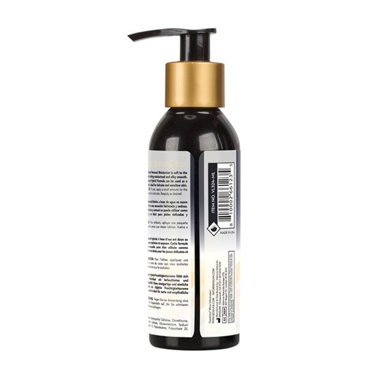 Back view of the larger 125 ml Sensuva Hybrid Personal Moisturizer bottle against a plain white background. The white section of the label displays multi-lingual product information and a vertical barcode (Item No. VL324-ML). The broad black lever-style pump and gold collar are seen from the rear.