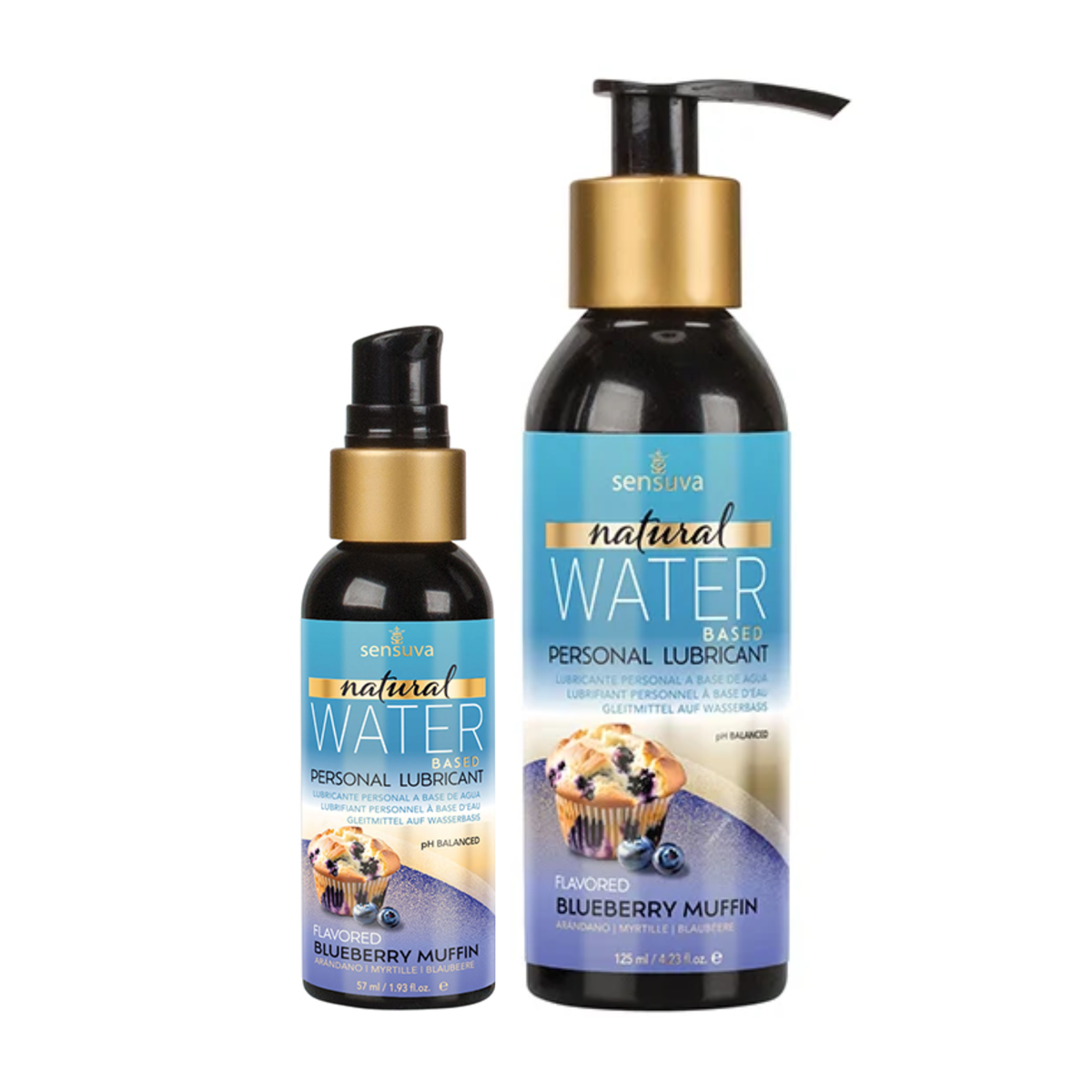Two dark bottles of Sensuva Natural Water Based personal lubricant are displayed side-by-side against a white background. Both feature vibrant blue and purple labels with gold accents and an illustration of a blueberry muffin with fresh blueberries. Main image