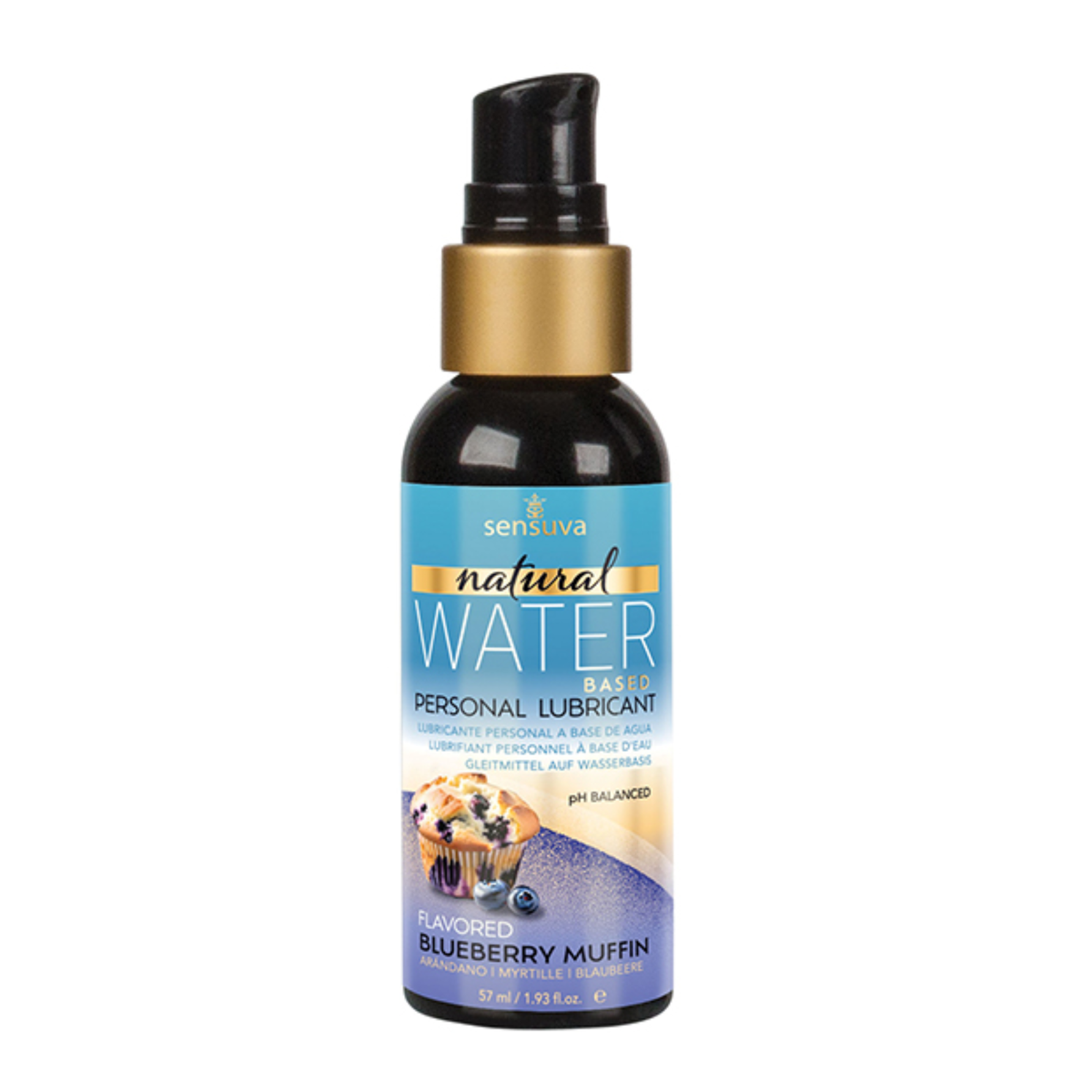 Front view of the smaller 57 ml Sensuva Natural Water Based lubricant bottle. It has a small black pump cap, gold collar, and a blue label reading "Flavored Blueberry Muffin."