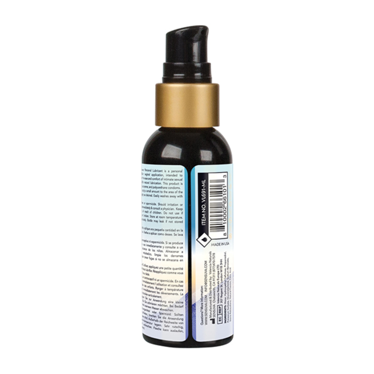 Rear view of the smaller 57 ml Sensuva Natural Water Based lubricant bottle. The label displays usage instructions, safety warnings, ingredients, and a barcode.