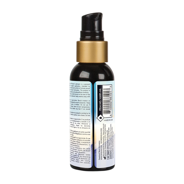 Rear view of the smaller 57 ml Sensuva Natural Water Based lubricant bottle. The label displays usage instructions, safety warnings, ingredients, and a barcode.