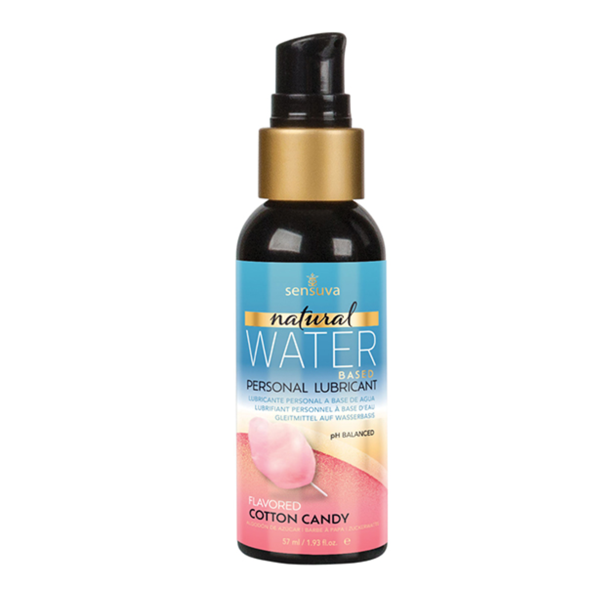 Front view of the smaller 57 ml Sensuva Natural Water Based lubricant bottle. It has a small black pump cap, gold collar, and a blue label reading "Flavored Cotton Candy."