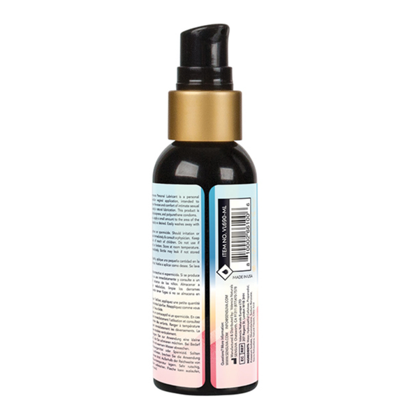 Rear view of the 57 ml Sensuva Natural Water Based lubricant bottle. The label displays usage instructions, safety warnings, ingredients, and a barcode.