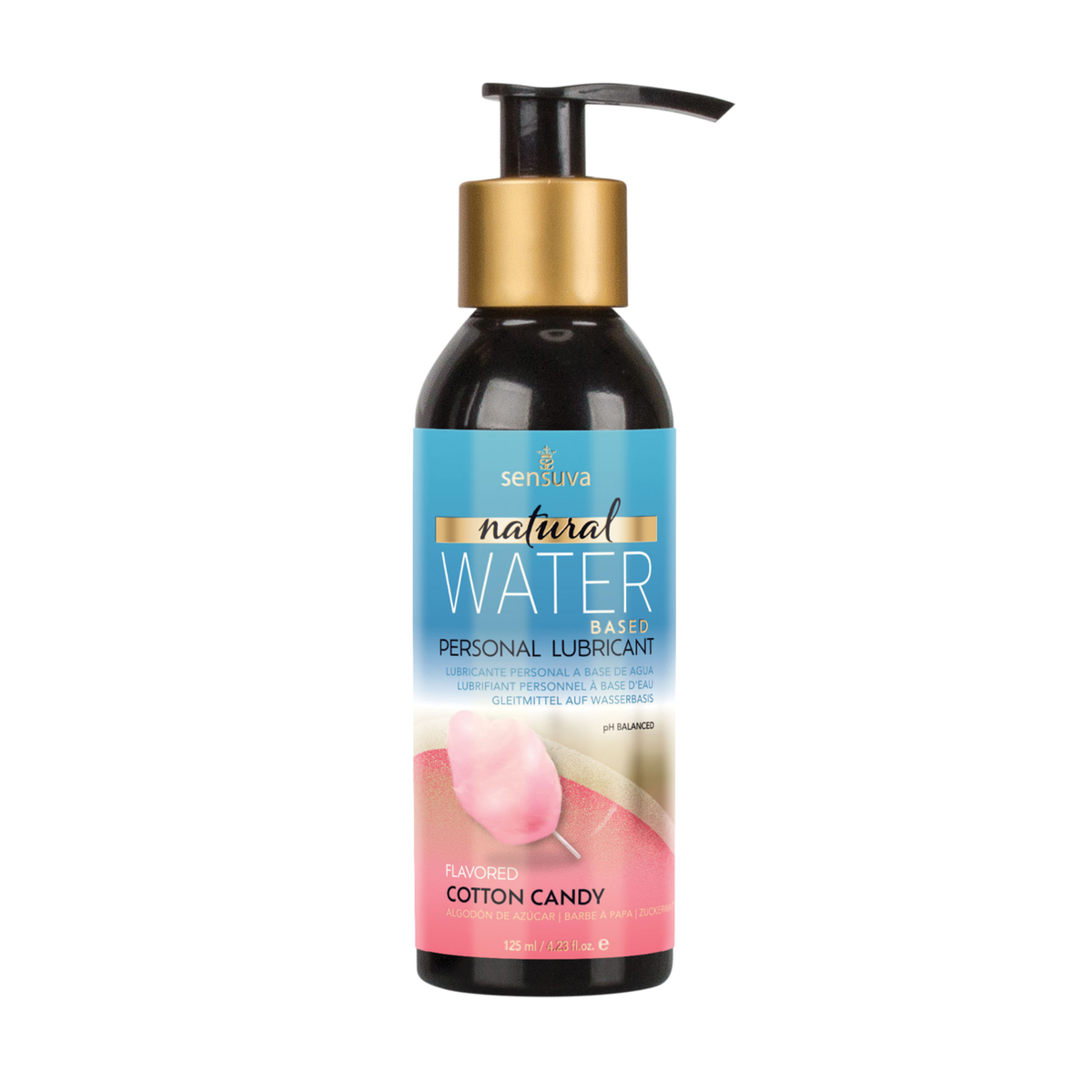 Front view of the larger 125 ml Sensuva Natural Water Based lubricant bottle. It features a wide black pump dispenser, gold collar, and a prominent blue cotton candy label.