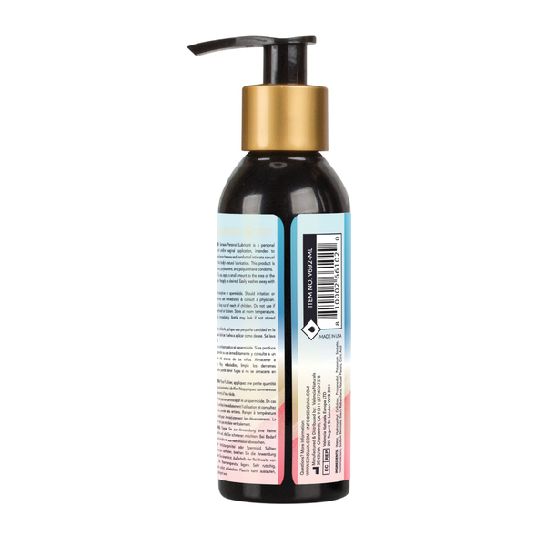 Rear view of the 125 ml Sensuva Natural Water Based lubricant bottle. It details multi-language product descriptions, a barcode, and manufacturer contact details.