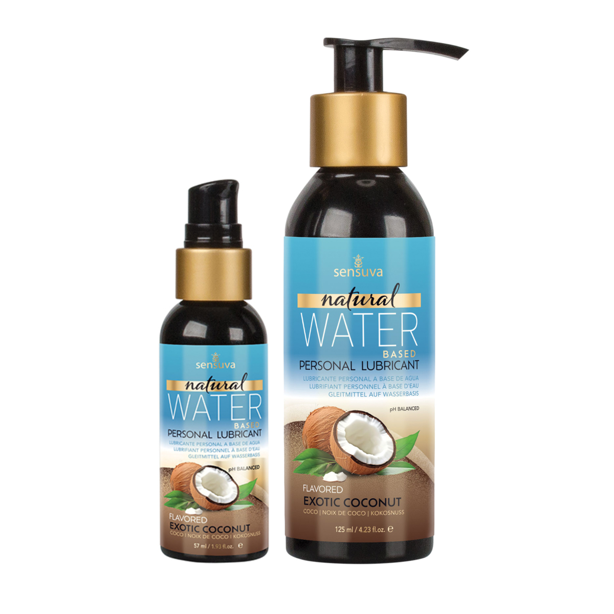 Two dark bottles of Sensuva Natural Water Based personal lubricant are displayed side-by-side against a white background. Both feature blue labels with gold accents and a graphic of a sliced coconut with green leaves. Main image
