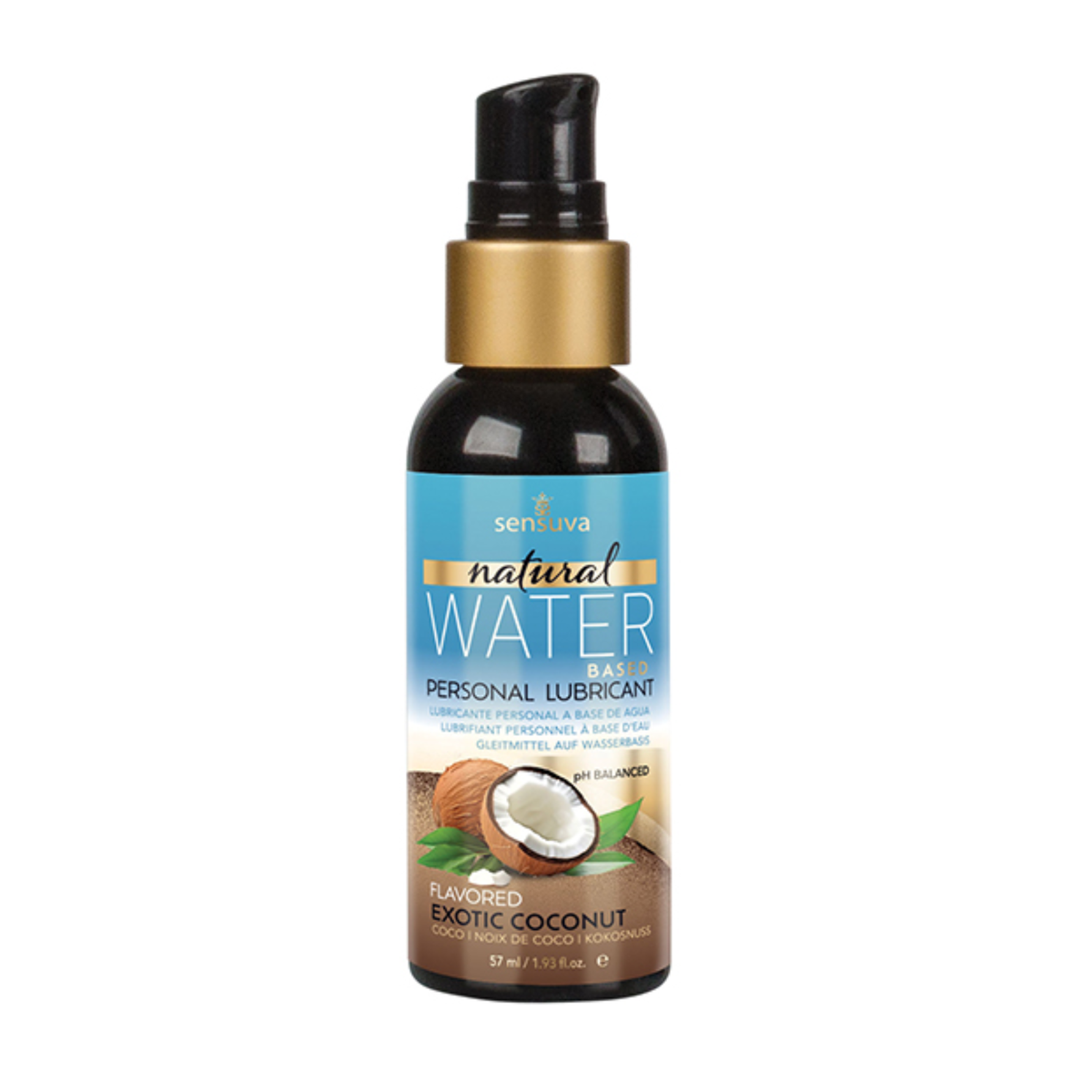 Front view of the smaller 57 ml Sensuva Natural Water Based lubricant bottle. It has a small black pump cap, gold collar, and a blue label reading "Flavored Exotic Coconut."