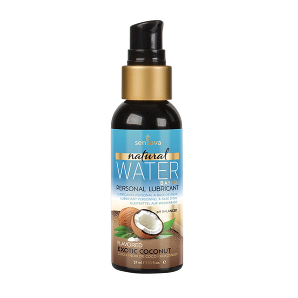 Front view of the smaller 57 ml Sensuva Natural Water Based lubricant bottle. It has a small black pump cap, gold collar, and a blue label reading "Flavored Exotic Coconut."