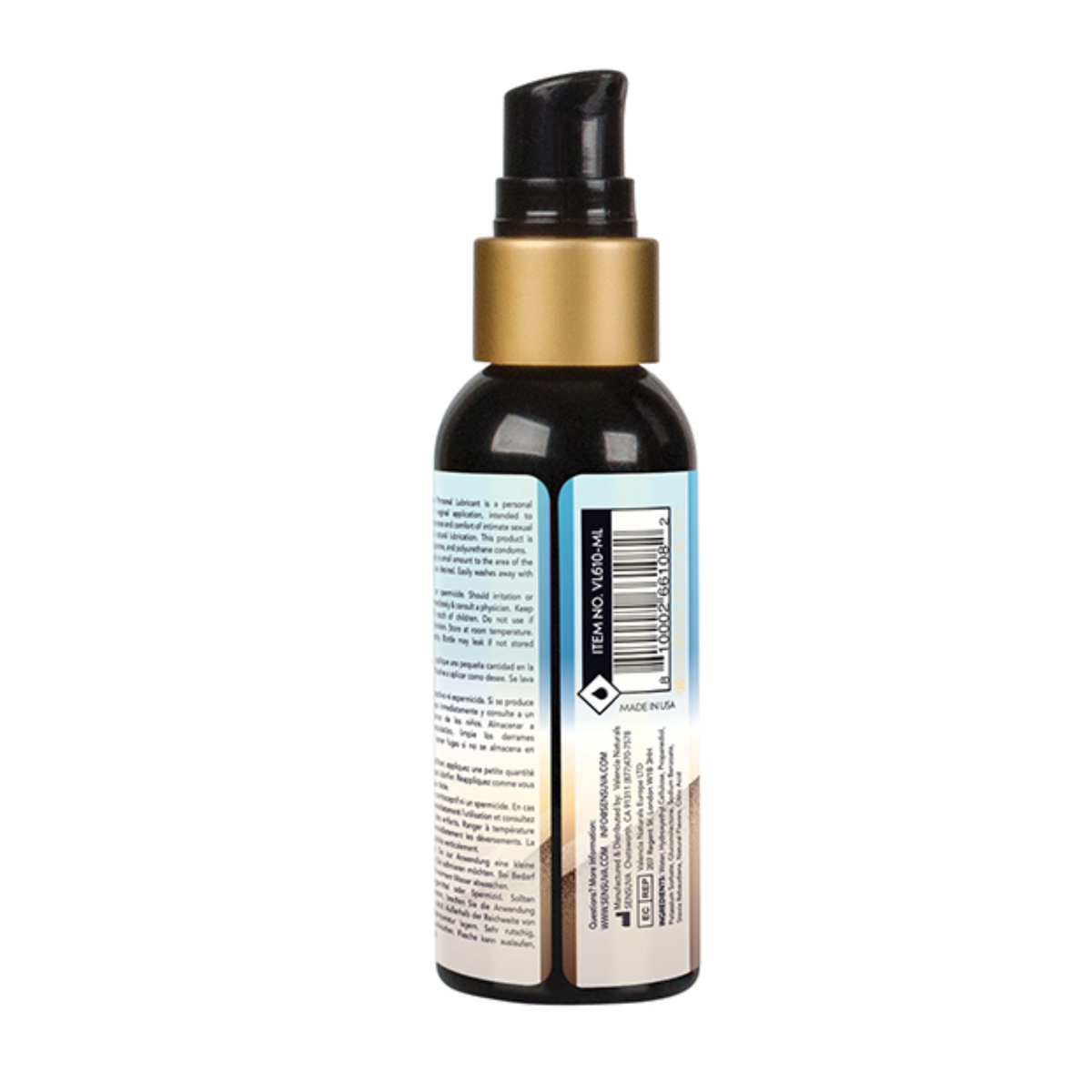 Rear view of the 57 ml Sensuva Natural Water Based lubricant bottle. The label displays usage instructions, safety warnings, ingredients, and a barcode.