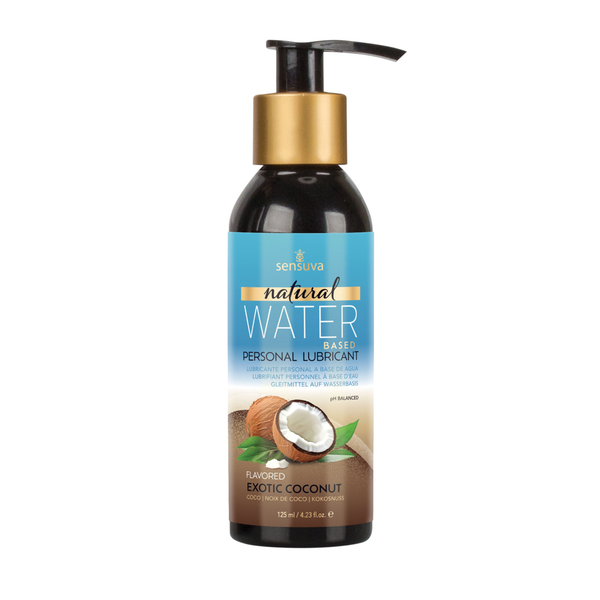 Front view of the larger 125 ml Sensuva Natural Water Based lubricant bottle. It features a wide black pump dispenser, gold collar, and a prominent blue label with a coconut illustration.