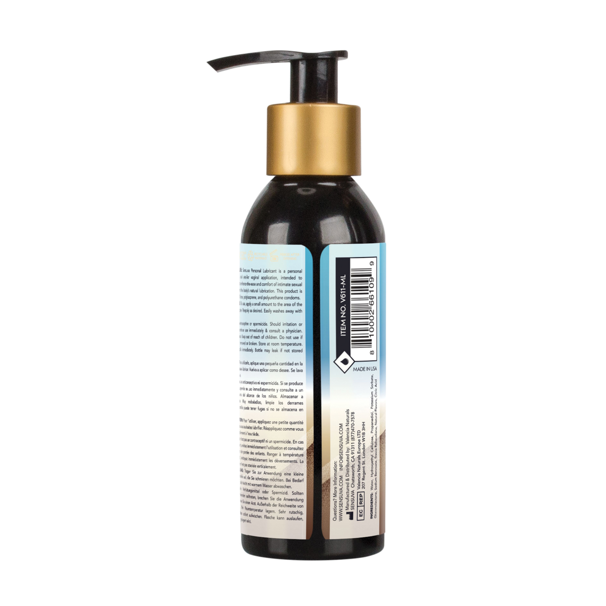 Rear view of the 125 ml Sensuva Natural Water Based lubricant bottle. It details multi-language product descriptions, a barcode, and manufacturer contact details.
