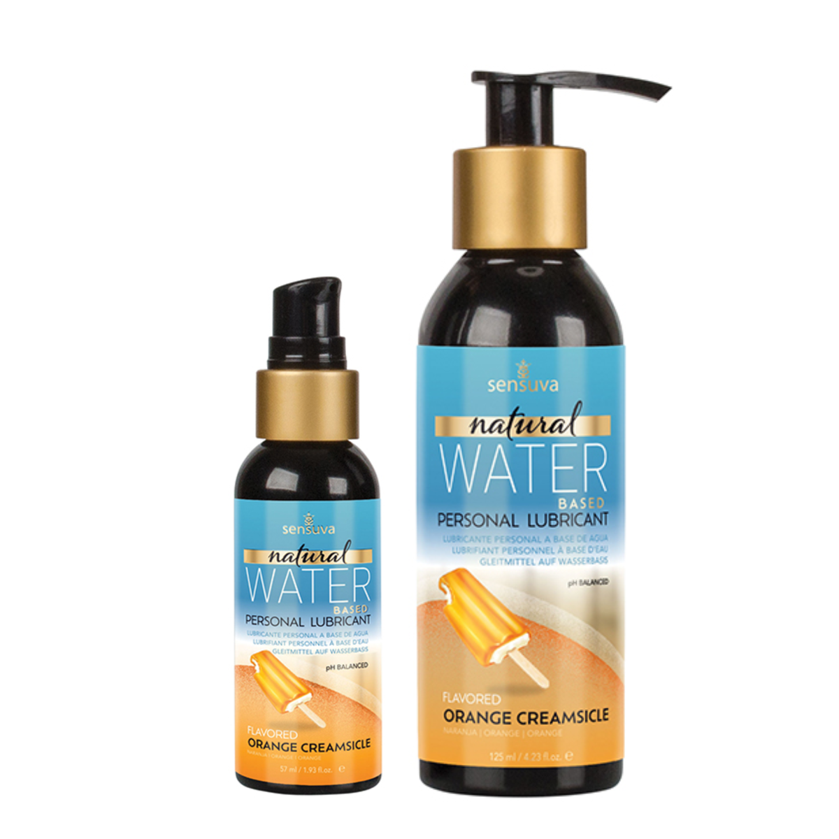 Two dark bottles of Sensuva Natural Water Based personal lubricant stand side-by-side against a white background. Both feature vibrant blue labels with gold accents and a graphic of an orange creamsicle popsicle. Main image