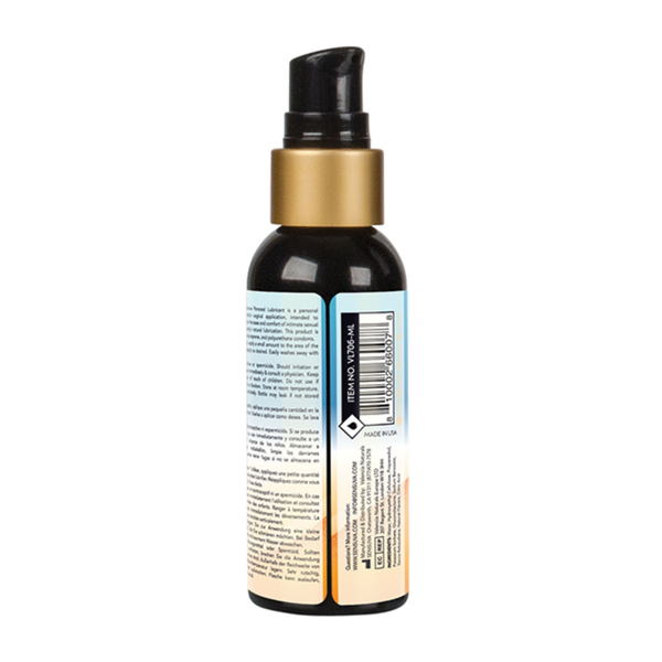 Rear view of the smaller 57 ml Sensuva Natural Water Based lubricant bottle. The white portion of the label displays the barcode, safety warnings, and manufacturer details.