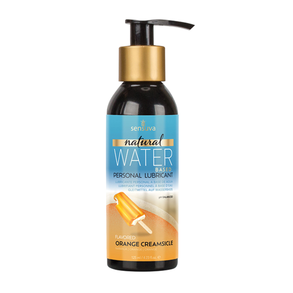 Front view of the larger 125 ml Sensuva Natural Water Based lubricant bottle with a wide pump dispenser. The label features a colorful orange creamsicle popsicle next to the text "Flavored Orange Creamsicle."