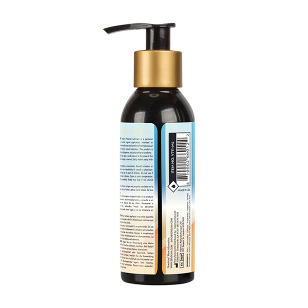 Rear view of the larger 125 ml Sensuva Natural Water Based lubricant bottle. The label displays multilingual descriptions, usage directions, ingredients, and a barcode.
