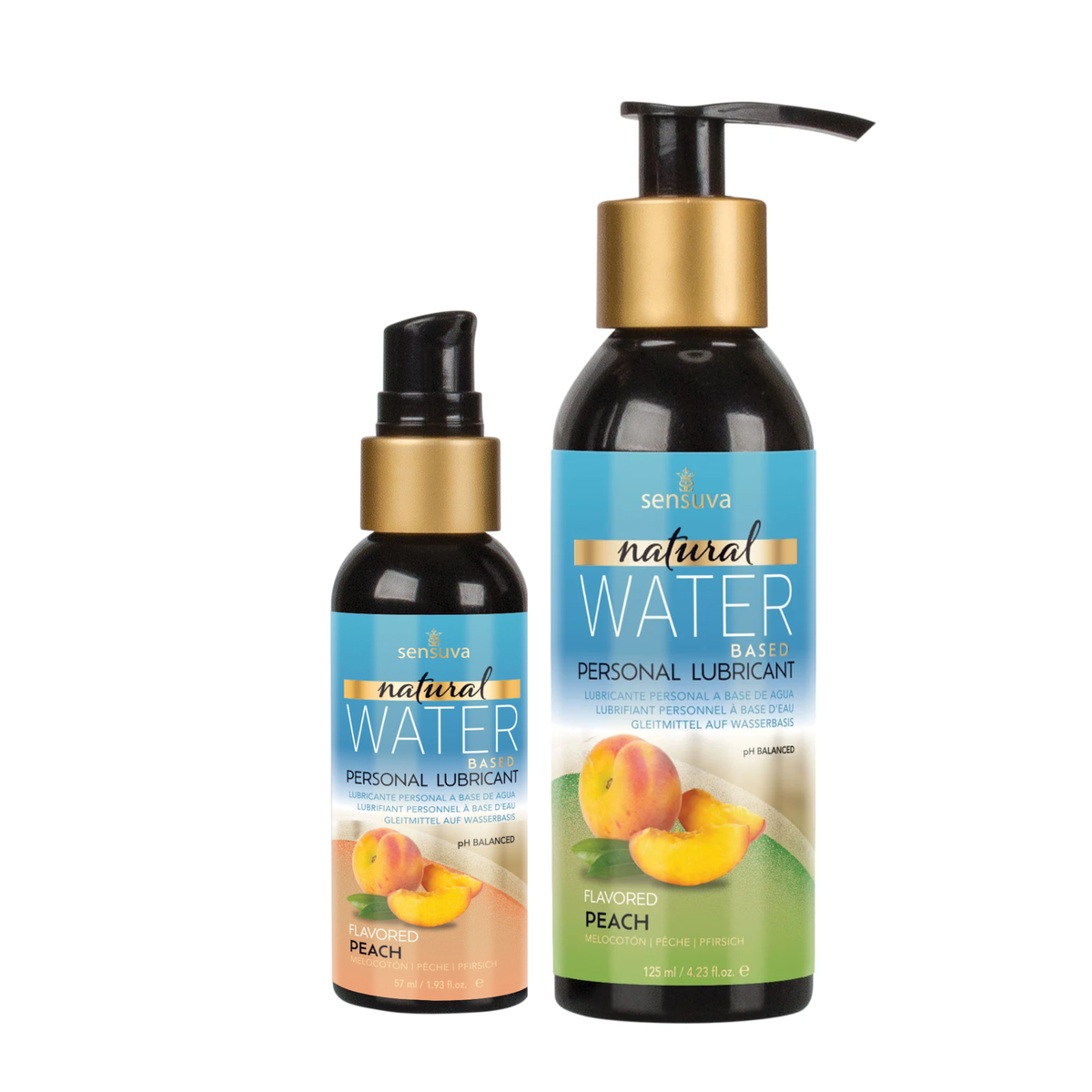 Two dark bottles of Sensuva Natural Water Based personal lubricant are shown side-by-side against a white background. Both feature bright blue labels with gold accents and a graphic of a fresh peach and peach slices. Main image