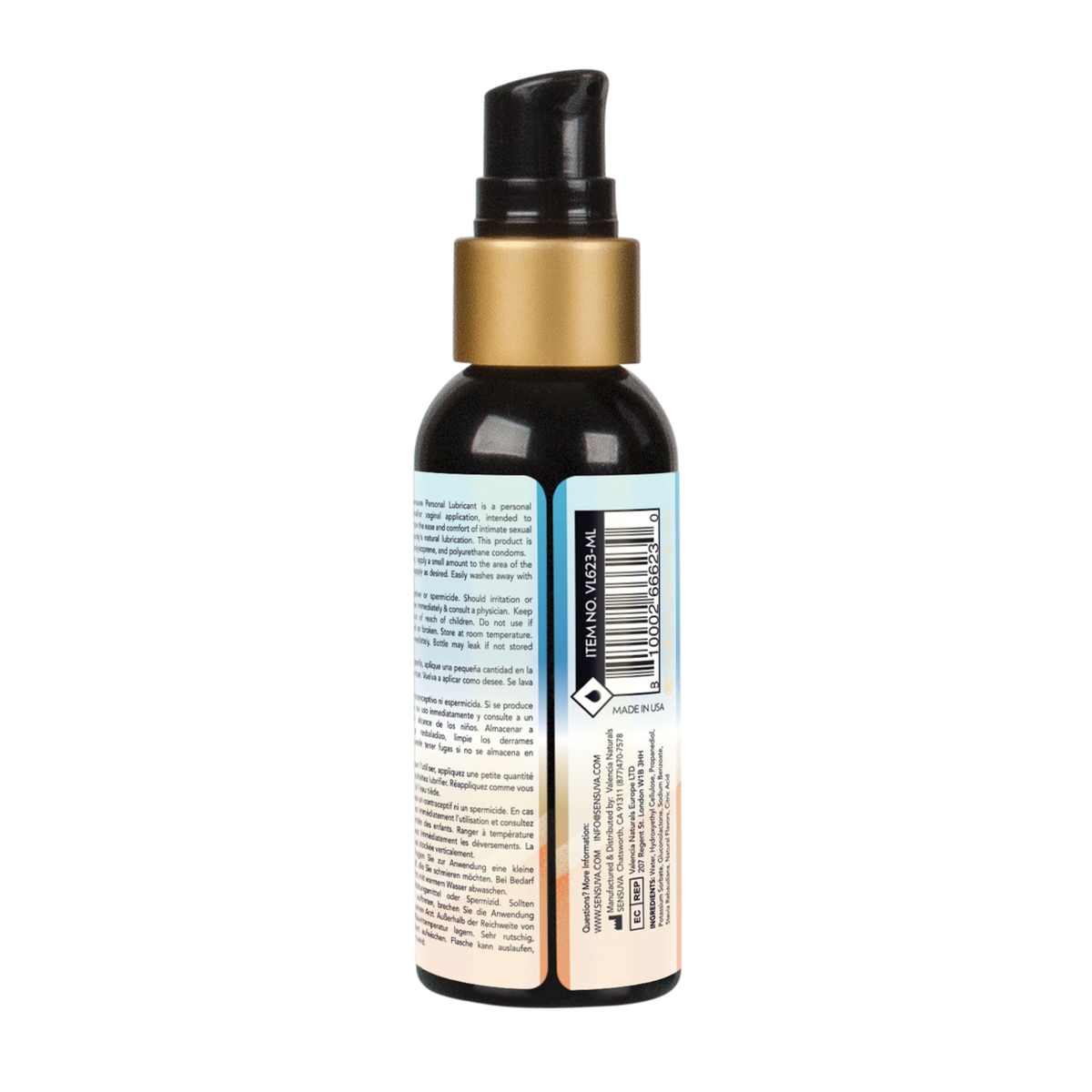 Rear view of the smaller 57 ml Sensuva Natural Water Based lubricant bottle. The white portion of the label displays the barcode, safety warnings, and manufacturer information.