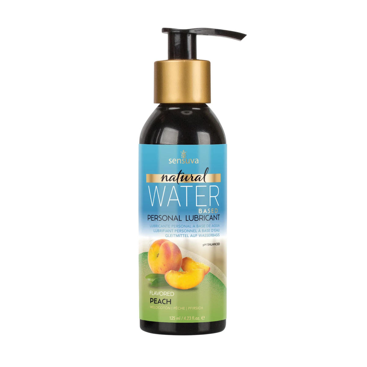 Front view of the larger 125 ml Sensuva Natural Water Based lubricant bottle with a wide pump dispenser. The label features a colorful peach graphic next to the text "Flavored Peach."