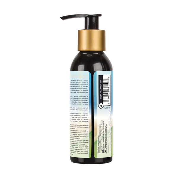Rear view of the larger 125 ml Sensuva Natural Water Based lubricant bottle. The label displays multilingual descriptions, usage directions, ingredients, and a barcode.