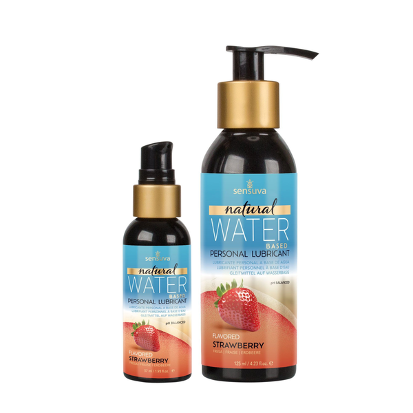 Two dark bottles of Sensuva Natural Water Based personal lubricant are shown side-by-side on a white background. Both feature blue labels with gold accents and a vibrant graphic of a ripe red strawberry.