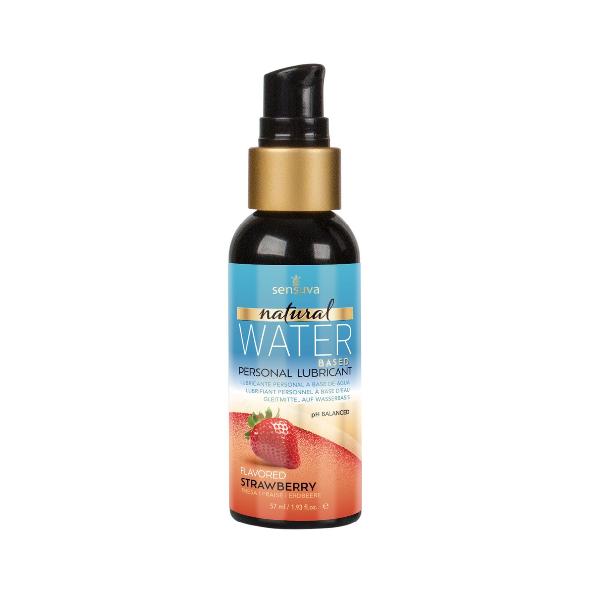 Front view of the smaller 57 ml Sensuva Natural Water Based lubricant bottle with a black pump cap and gold collar. The label prominently displays the "Strawberry" flavor with an illustration of a fresh strawberry.