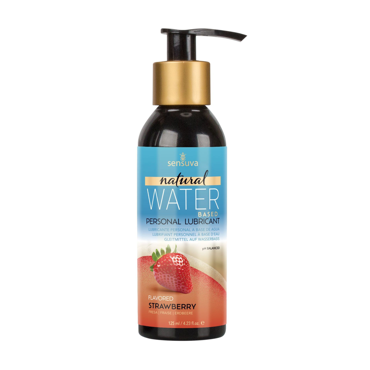 Front view of the larger 125 ml Sensuva Natural Water Based lubricant bottle featuring a wide pump dispenser. The label highlights a glossy strawberry graphic and the text "Flavored Strawberry."