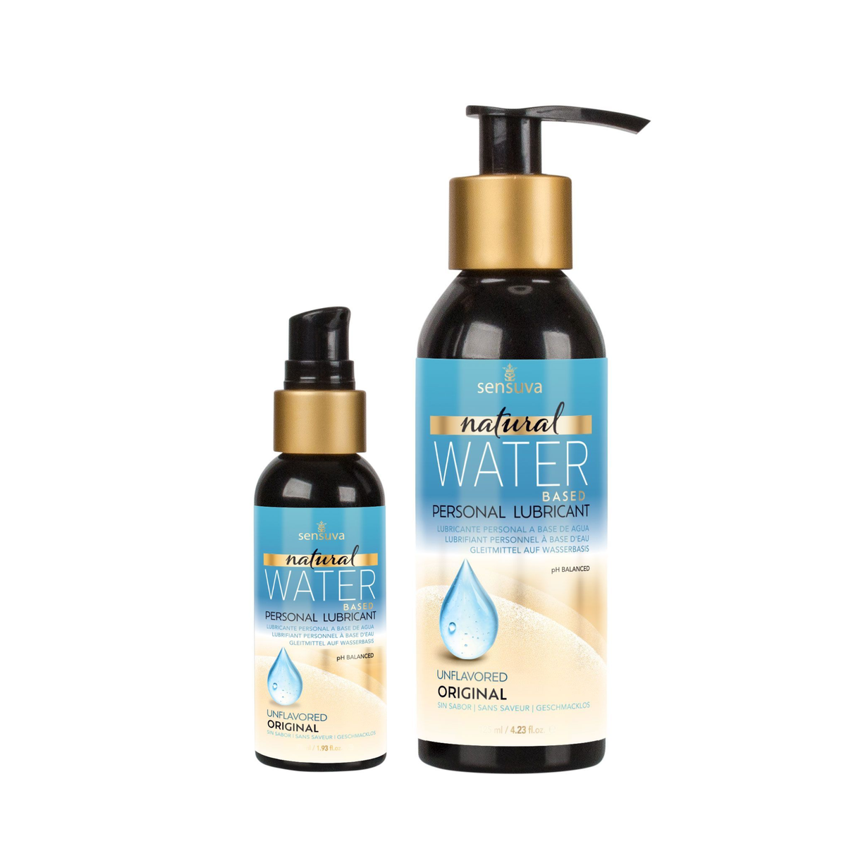 Two dark bottles of Sensuva Natural Water Based personal lubricant are shown side-by-side against a white background. Both feature bright blue labels with words Unflavored. Imagen principal del producto