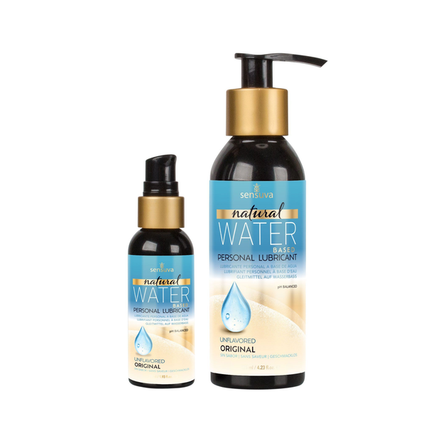 Two dark bottles of Sensuva Natural Water Based personal lubricant are shown side-by-side against a white background. Both feature bright blue labels with words Unflavored.