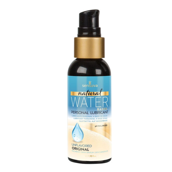 Front view of the smaller 57 ml Sensuva Natural Water Based lubricant bottle with a black pump cap and gold collar. The label prominently showcases the "Unflavored" with drop illustration.