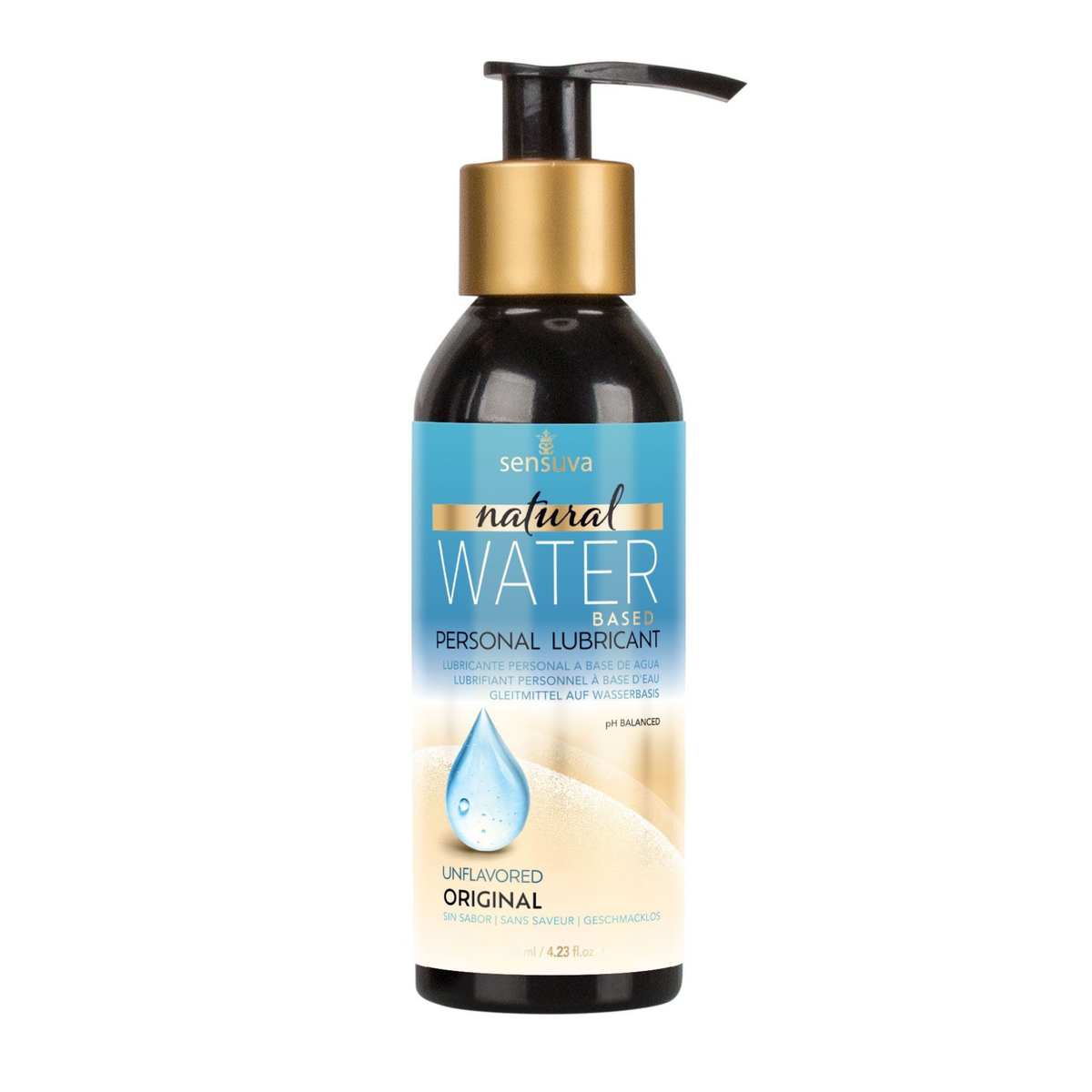 Front view of the larger 125 ml Sensuva Natural Water Based lubricant bottle with a wide pump dispenser. The label features a droplet next to the text "Unflavored".