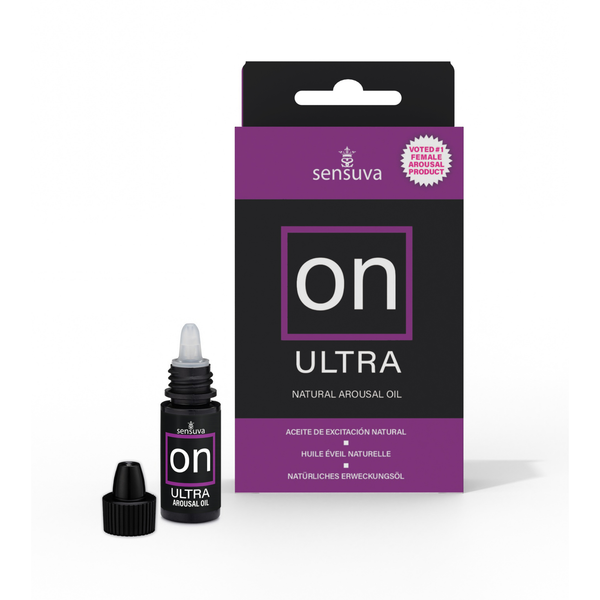 Studio product shot of the Sensuva ON Ultra packaging standing next to a miniature black dropper bottle. The bottle's black cap is unscrewed and set beside it, revealing a clear applicator tip against a white background.