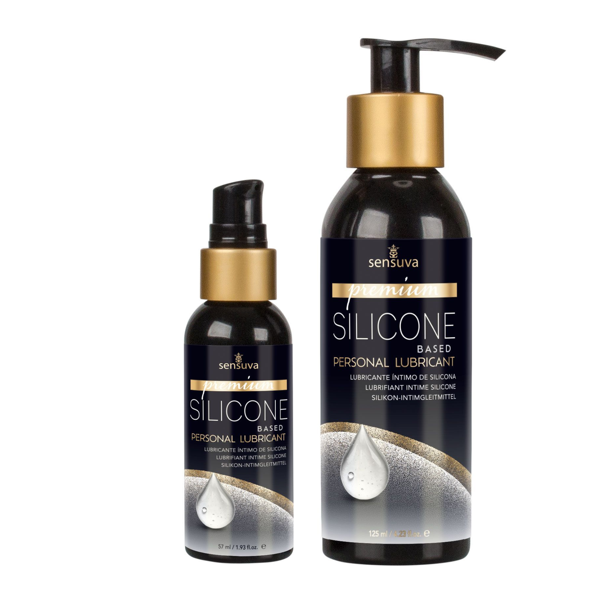 Two dark bottles of Sensuva Premium Silicone Based personal lubricant stand side-by-side against a white background, with the smaller bottle on the left and the larger bottle on the right. Both feature elegant black and gold labels with a realistic liquid droplet graphic.