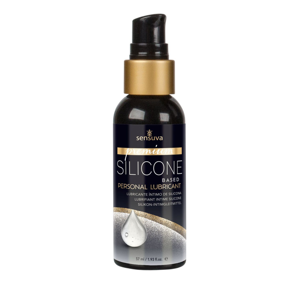 Front view of the smaller 57 ml Sensuva Premium Silicone Based lubricant bottle featuring a small black pump cap and a gold collar. The label prominently displays a clear liquid droplet design over a silver and gold textured background.