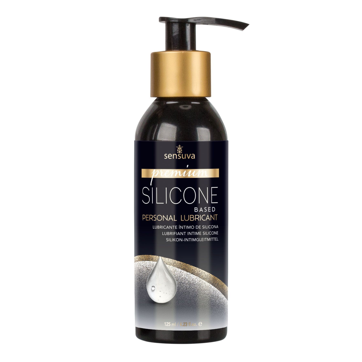 Front view of the larger 125 ml Sensuva Premium Silicone Based lubricant bottle with a wide pump dispenser. The label highlights the product name "Premium Silicone Based Personal Lubricant" above a large liquid droplet illustration.