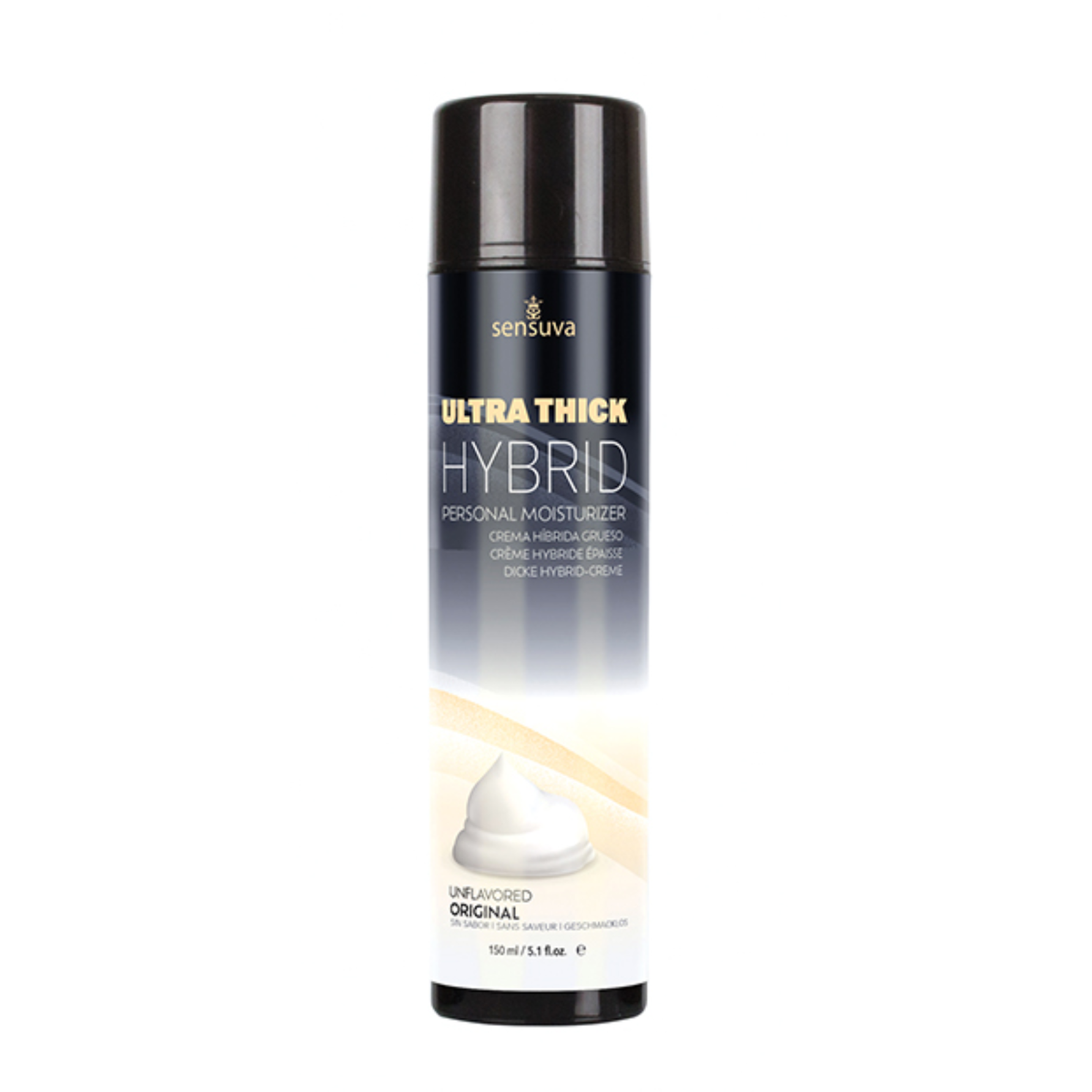 Front view of a tall, dark bottle of Sensuva Ultra Thick Hybrid personal moisturizer. The label features a graphic of a thick white cream swirl alongside the text "Unflavored Original." Main image