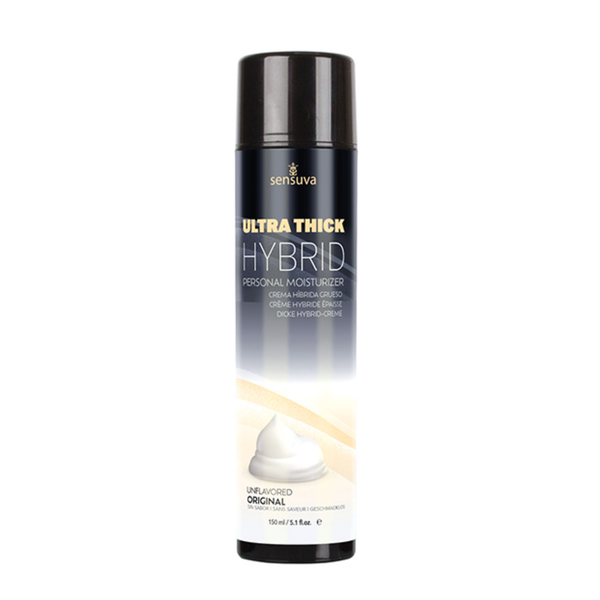 Front view of a tall, dark bottle of Sensuva Ultra Thick Hybrid personal moisturizer. The label features a graphic of a thick white cream swirl alongside the text "Unflavored Original."